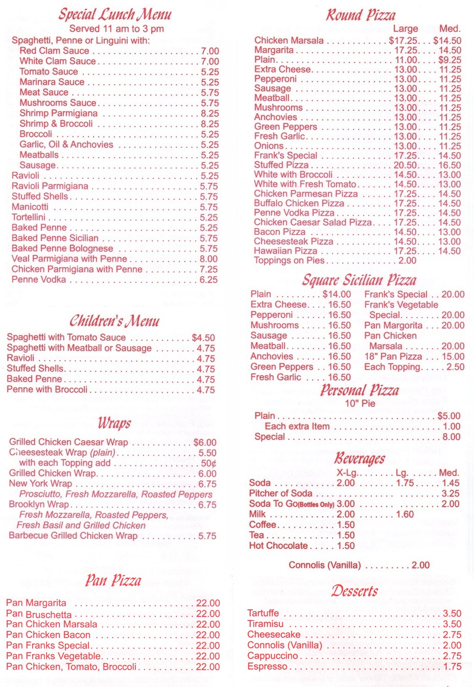 Franks Italian Restaurant & Pizzeria Menu